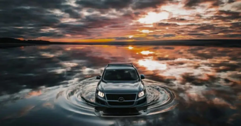 A vivid scene of someone fleeing a sinking automobile, illustrating the concept of a "Dream About Escaping a Sinking Car."