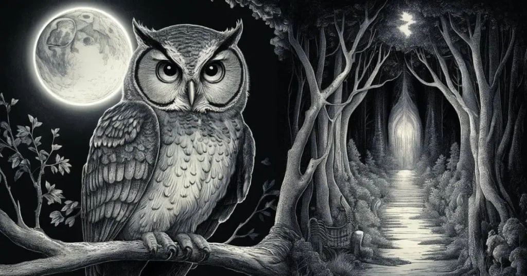 An owl stands watch under the moonlight, symbolizing its role as a guardian of the night. Seeing An Owl.