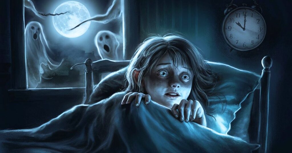  A girl stares at the clock in bed, her ghostly face illustrating the 7 spiritual meanings of waking up at 3am.