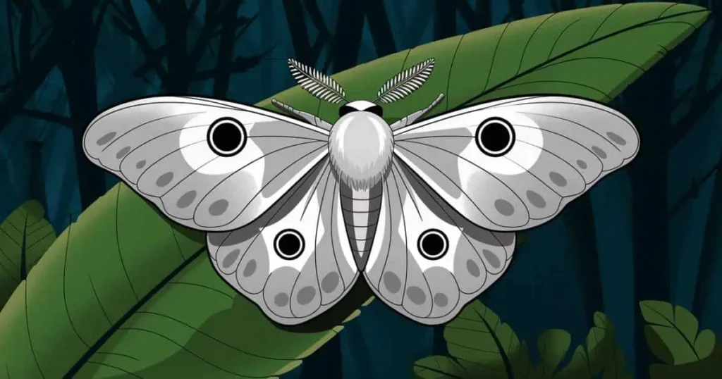 A white butterfly with black eyes rests delicately on a green leaf, showcasing its intricate patterns and colors.
