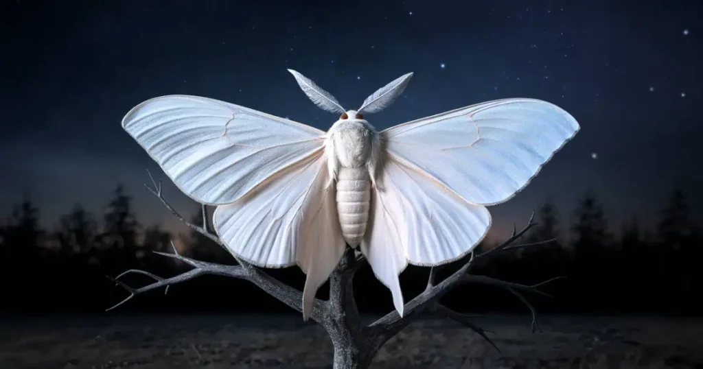 A white moth with wings spread wide against a dark background. The moth is perched on a barren tree branch. The background is a night scene with a few stars visible. The atmosphere is serene.