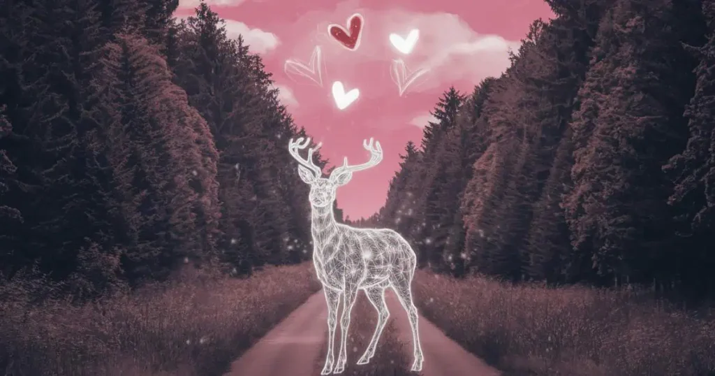 A deer stands on a dirt road in the woods, symbolizing the meaning of a deer in your path and nature's serene beauty.