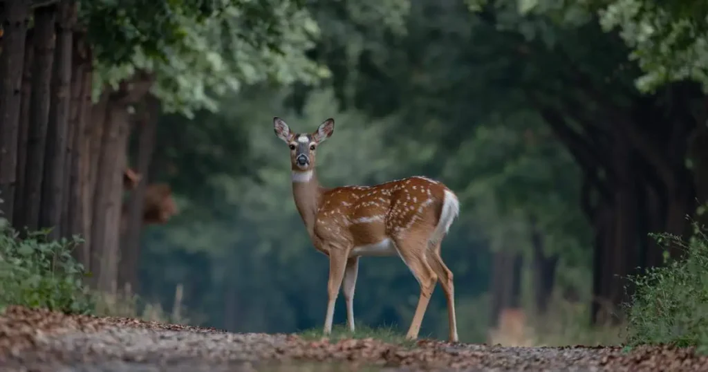 In the woods, a deer pauses on a dirt road, representing the meaning of a deer in your path and the tranquility of nature.