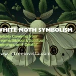 A detailed illustration of a white moth with outspread wings. The moth is perched on a branch with green leaves. The background is a dark blue sky with a few stars. The overall image has a soft lighting.